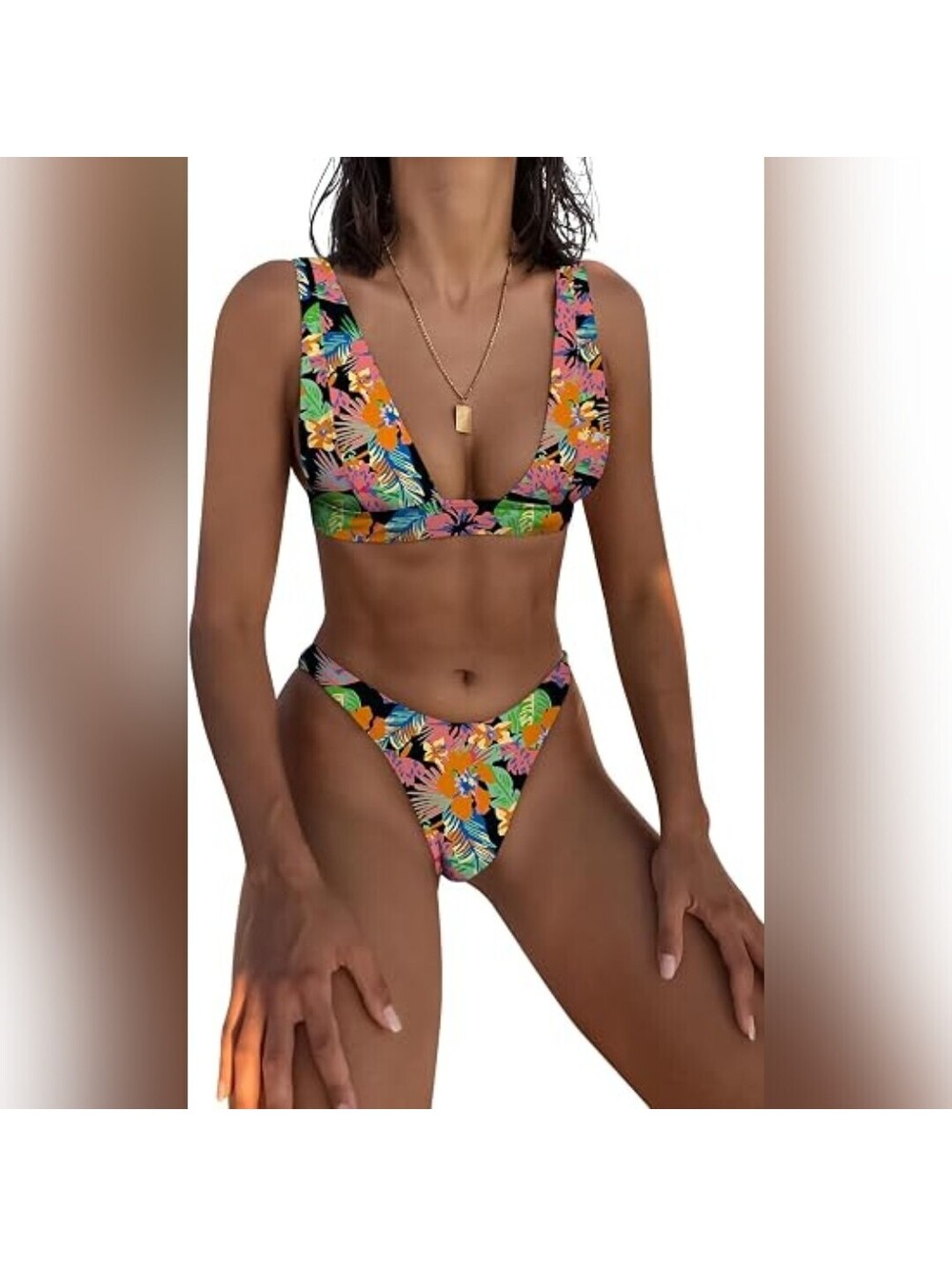 NWOT MIKETAI Two Piece Deep V Halter Thong Cheeky Bikini Swimsuit, M